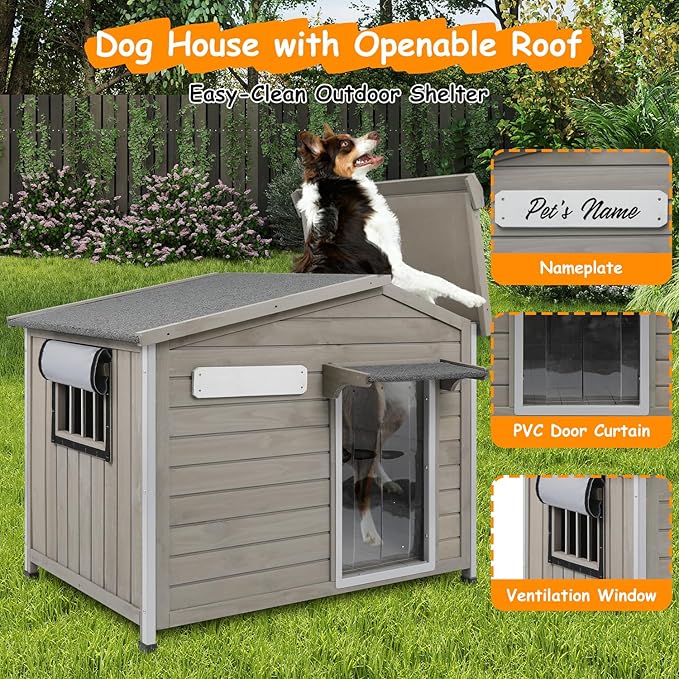 Large Outdoor Dog House Waterproof for Small to Large Sized Dogs with Openable Asphalt Roof, Anti-Chewing Iron Frame, Window, Weatherproof Indoor Outside Kennel Puppy Shelter (40" L*26.4" W*33.5" H)