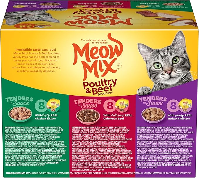 Meow Mix Tenders in Sauce Wet Cat Food, Poultry & Beef Variety Pack, 2.75 Ounce Cup (Pack of 24)