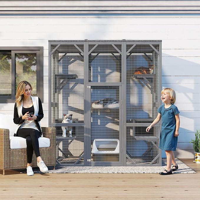 KEIKI Outdoor Cat Enclosure Large, 71" Cat House for Multiple Cats with Waterproof Roof, 3 Tier Cat Cage with 6 Platforms, Weatherproof Outdoor Cat Catio, Gray