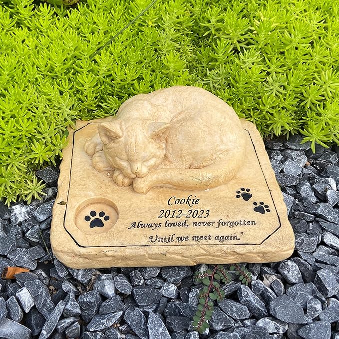 Personalized Cat Memorial Stones Waterproof kitty Memorial Grave Markers Garden Stones,Pet Memorial Tombstone with A Sleeping Sweet Kitty On The Top,Sympathy Pet Loss Gift, Customizable Name and Date