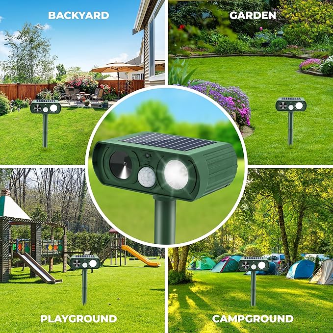 Solar Powered Ultrasonic Animal Repellent, Waterproof Motion Detection System, Yard Farm Garden Outdoor Deterrent Squirrel Rabbit Bird Dog Cat with LED Flashing Lights