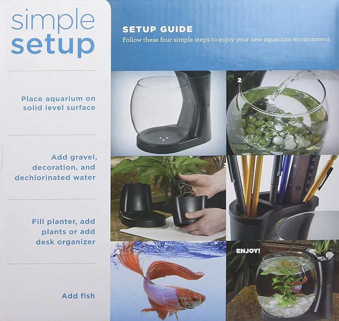 Elive Betta Fish Bowl / Betta Fish Tank with Planter, Small 0.75 Gallon Aquarium, LED Light Timer, Black