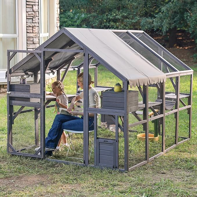 Aivituvin Catio Large Walk in Outdoor Cat Enclosure with Removable Back Door for Window and Pet Door Connection 110" D
