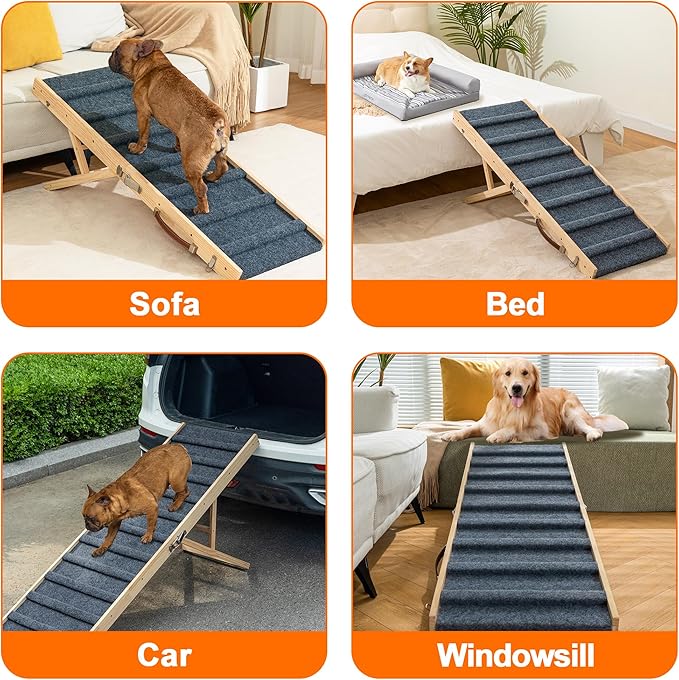 Clikuutory 2025 Upgraded Dog Ramp for Couch, 51.2" Foldable Small Dog Ramp for Bed, 5 Adjustable Height from 14" to 28", Portable Stable Pet Steps with Anti-Slip Carpet for Low Bed Couch Stairs, Wood