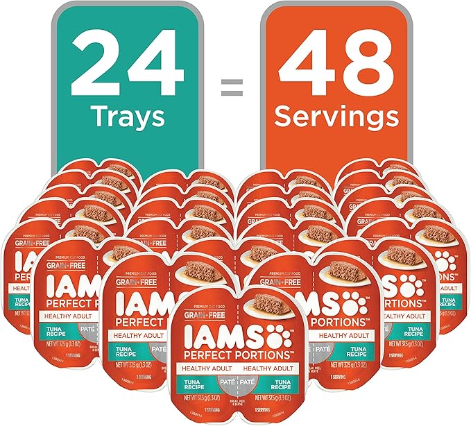 IAMS Perfect Portions Sensitive Digestion & Skin Wet Cat Food Pate, Healthy Adult Grain Free Pate, Tuna Recipe, 2.6 Oz. (24 Twin Packs)