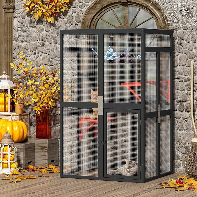 COZIWOW Upgraded Outdoor Cat Catio with Window Access & Jumping Platforms, Weatherproof Wooden Cat Enclosure for Patio/Garden/Backyard (Wood, 2 Platforms + Hammock, Supports 44lbs)