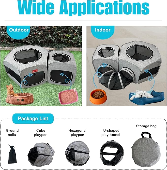 Portable Cat Playpen 2-Room with Tunnel, 3-in-1 Pop-up Cat Dog Crate Play Enclosure with Separate Areas, Foldable Pet Playpen for Puppy Kitten and Small Animals Indoor Outdoor