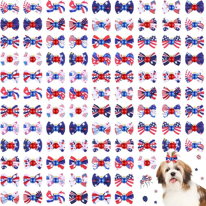 Tondiamo 100 Pack Independence Day Dog Hair Bows with Rubber Bands 4th of July Puppy Bows Rhinestone Patriotic Pet Hair Accessories Dog Bows Grooming for Small Girl Dogs (Star and Stripe)