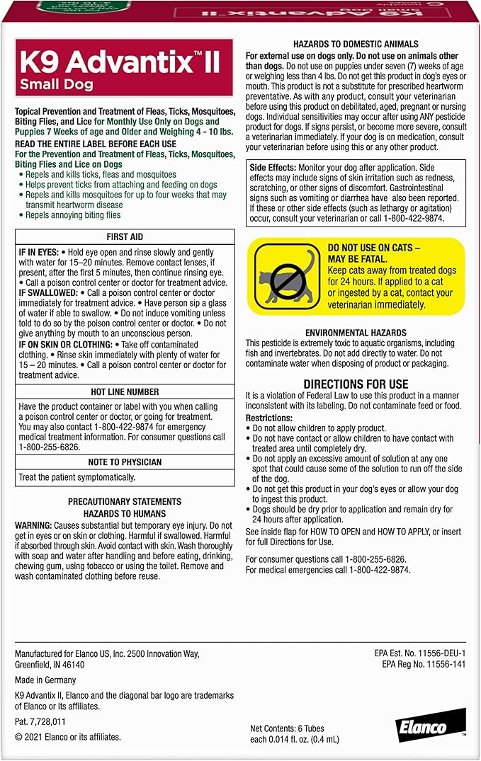 K9 Advantix II Small Dog Vet-Recommended Flea, Tick & Mosquito Treatment & Prevention | Dogs 4-10 lbs. | 6-Mo Supply
