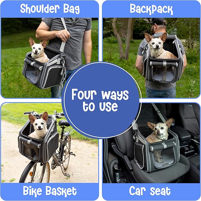 Dog Bike Basket, Mesh Windows, 2 Safety Leashes, Soft Sided, Safe Comfortable Pet Carrier for Small Dogs, Cats (Black)