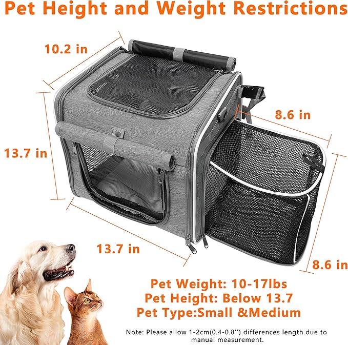 Dog Bike Basket, Expandable Soft Edge Pet Carrier Backpack, Foldable Dog Bicycle Carriers with 4 Mesh Windows, for Medium Cats&Dogs, Suitable for Cross Shaped, Shoulder and Car Seats (Grey)