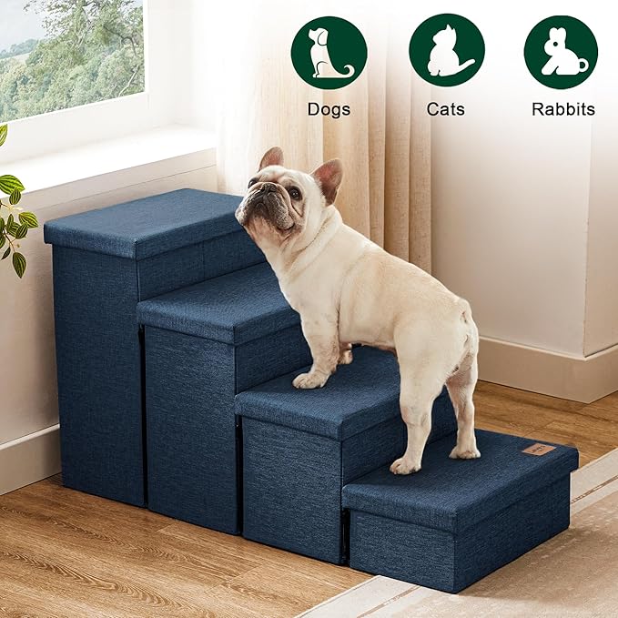 Love's cabin Dog Stairs for Small Medium or Large Dogs with Storage and Adjustable Steps, Foldable Cat Steps for Bed or Couch, 4-Step Folding Ramp with Zip up to 200 lbs, Navy Blue