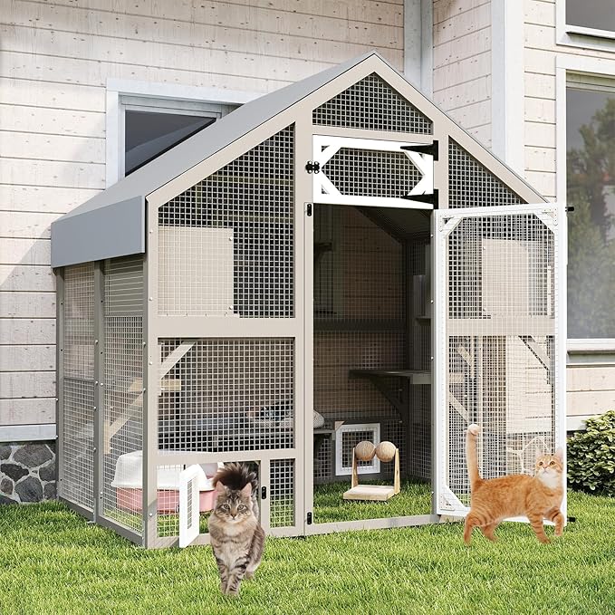 71" H Catio Outdoor Cat Enclosure Weatherproof, Large Walk-in Cat House Attached Window for Multiple Cats, Waterproof Cat Cage Kitty Enclosure Outside with 2 Condos, 6 Platforms