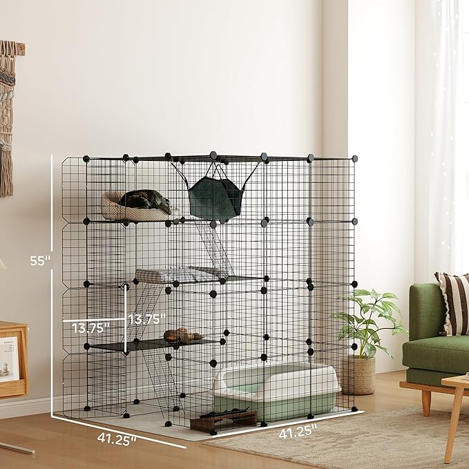 PawHut Cat Cage Indoor, DIY 4 Tier Cat Enclosure with Hammock, 3 x 3 x 4 Detachable Wire Cat Kennel with Ramps, Jumping Platforms, Doors, for 1-3 Cats, 41" L x 41" W x 55" H, Black