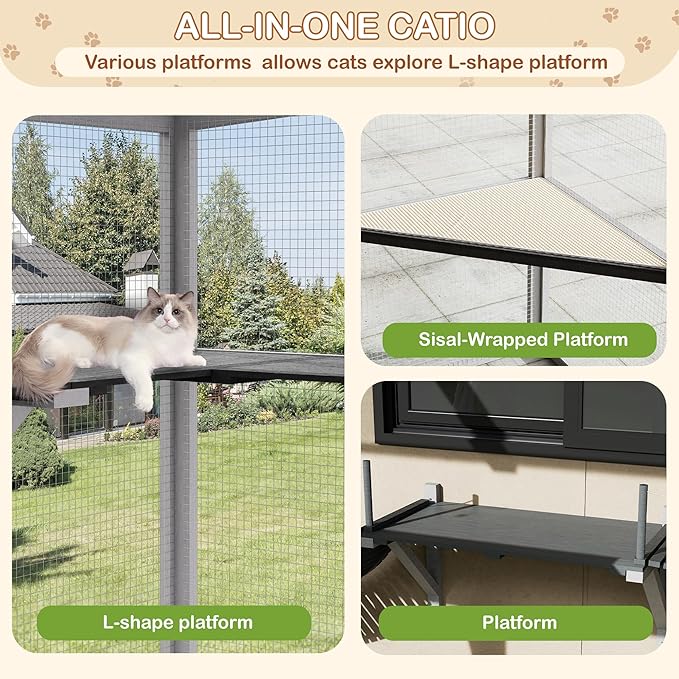 Large Walk-in Catio Wooden cat Houses for Multiple Outdoor Cats, Outdoor cat Enclosure with 4 Bridges & Transparent PVC Roof & sisal Scratcher, Kitty cat Condo Shelters (White)