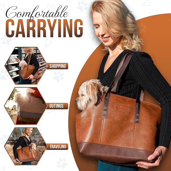 Faux Leather Dog Carrier for Small Dogs, Water-Resistant Designer Dog Purse with Safety Harness, Fashion Pet Carrier for Dogs 5-15 lbs, Luxury Dog Shoulder Carrier, Brown