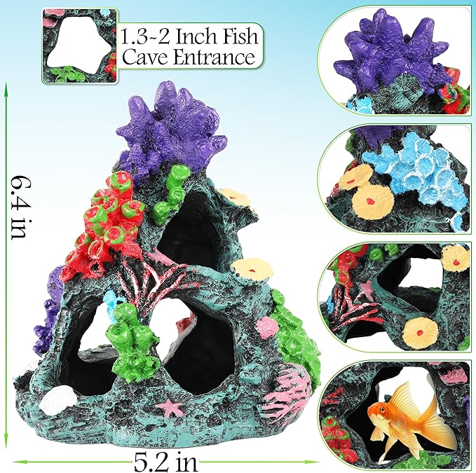 MyLifeUNIT Fish Tank Decorations, 7 Pieces Aquarium Plants Set with Coral Reef Decoration Mountain Cave Ornament for Betta, Goldfish, Shrimp to Breed, Play and Rest (Green)