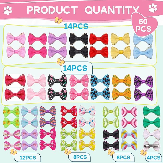 YAKA 60PCS (30 Paris) Cute Puppy Dog Small Bowknot Hair Bows with Metal Clips Handmade Hair Accessories Bow Pet Grooming Products (60 Pcs,Cute Patterns)