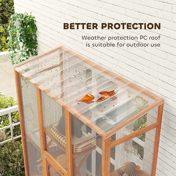 PawHut Outdoor Catio Cat Enclosure, Large Wooden Cat House with 6 Jumping Platforms, Scratching Post, 2 Ramps, Waterproof Roof, Cat Cage Window Access for 2-3 Kittens, 99" H, Orange