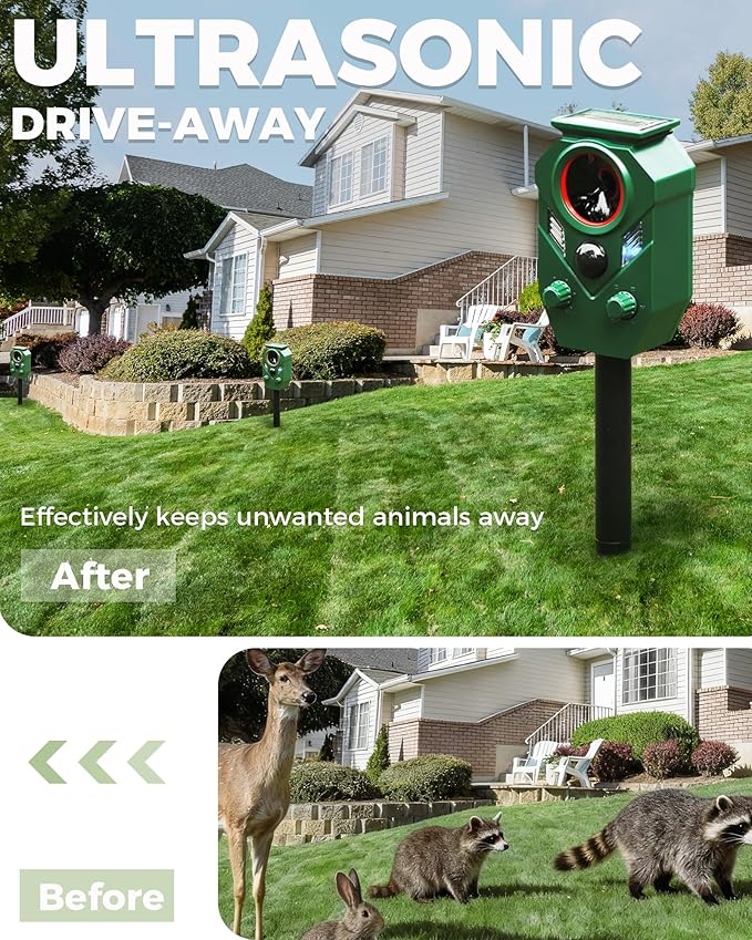 Solar Animal Repellent Outdoor, Ultrasonic Cat Repellent Outdoor, IP65 Waterproof Deer Repellent Deterrent Squirrel Racoon Skunk Rabbit, Dog Repellent for Yard Garden Lawn with PIR Sensor