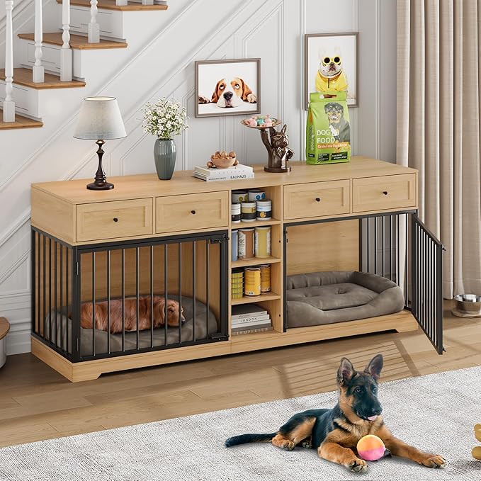 GAOMON Dog Crate Furniture for 2 Dogs, 82'' Large Dog Kennel Indoor with 4 Storage Drawers and 4 Shelves, Double Dog Crate TV Stand for Medium and Large Dogs, Natural