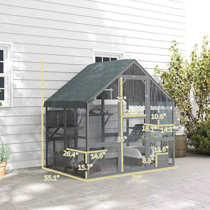 PawHut 73" L Large Catio Outdoor Cat Enclosure for Multiple Kittens, 28 sq.ft Wooden Cat House with Waterproof Cover, Walk in Kitty Cage Kennel with 2 Condos, 4 Platforms, Bridge, Doors, Gray