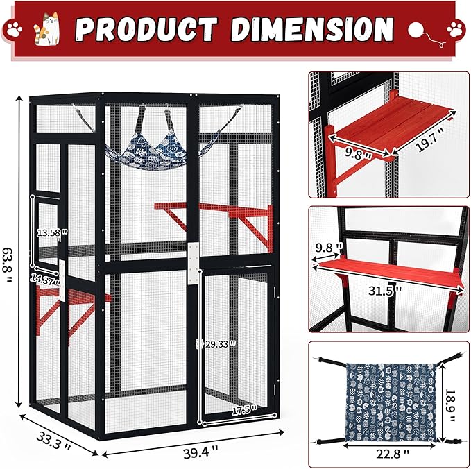 COZIWOW Upgraded Outdoor Cat Catio with Window Access & Jumping Platforms, Weatherproof Wooden Cat Enclosure for Patio/Garden/Backyard (Wood, 2 Platforms + Hammock, Supports 44lbs)