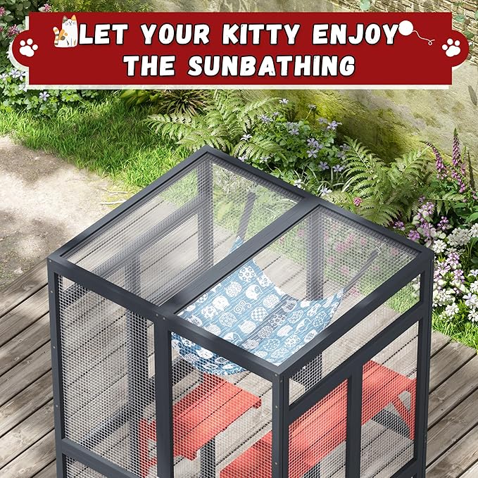 Catio Outdoor Cat Enclosure - Premium Wooden Cat Catio with Window Access & Breathable Mesh, Weatherproof Kitty House for Patio/Backyard/Indoor (Black)