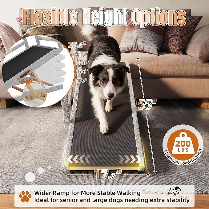 Dog Ramp for High Bed – 55" Extra-Long Wooden Pet Ramp with Soft Plush Fabric Cover & Safety Rails 16”–28”Adjustable Height for Tall Beds, Non-Slip Wide 17.7" Surface – Supports Large Dogs up