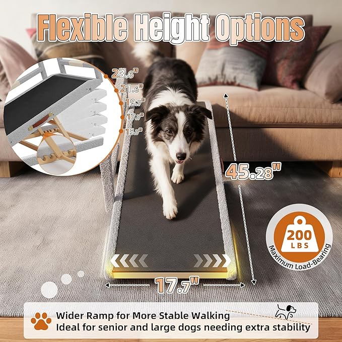 Dog Ramp for Bed–Foldable Wooden Ramp with Soft Plush Fabric Cover & Safety Side Rails 16”–24” Adjustable Height, Non-Slip Walking Surface, Wide 17.7" Platform – Up to 200 lbs