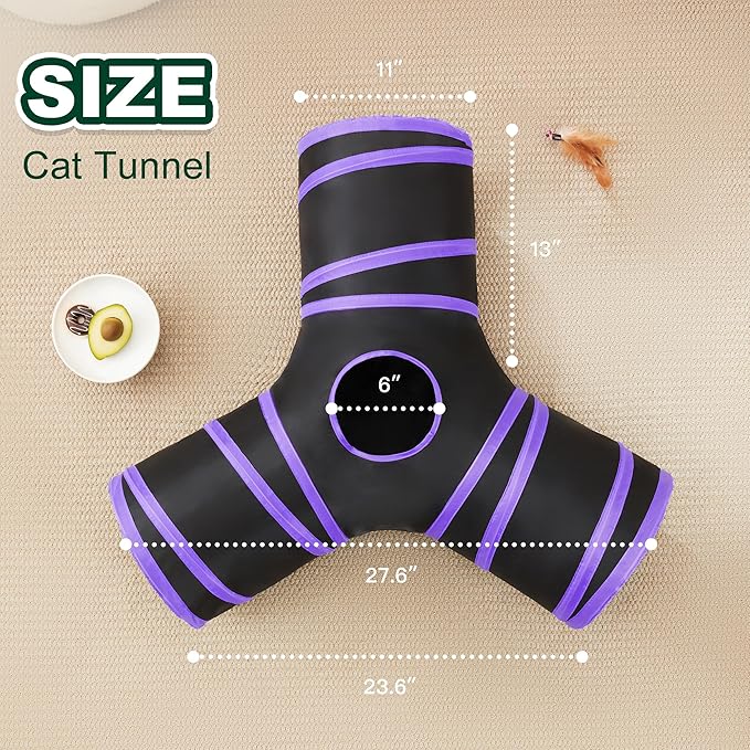 Love’s Cabin Cat Tunnel for Indoor Cats, 3-Way Collapsible Play Tunnel with Teaser Wand, Peek Holes & Toy Ball, Small Pet Toy for Kittens & Rabbits, Black & Purple, Small Size