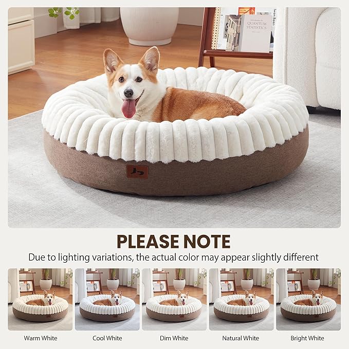 Donut Dog Bed Medium Size Dog 36 Inch, Round Cat Beds for Small Medium Dogs and Cats with Washable Fluffy Faux Fur, Cute Comfort Pet Bed with Anti-Slip Bottom, Cream