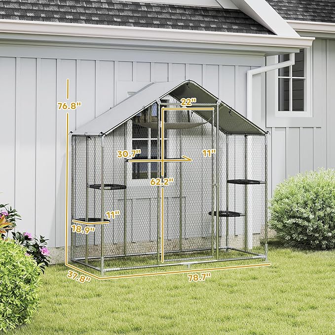 PawHut Large Catio Outdoor Cat Enclosure, Galvanized Steel Walk-in Cat Patio for Multiple Kittens, Outdoor Kitty Cage with Waterproof Cover, 5 Adjustable Platforms, Hammock, Chicken Coop Pointed Roof