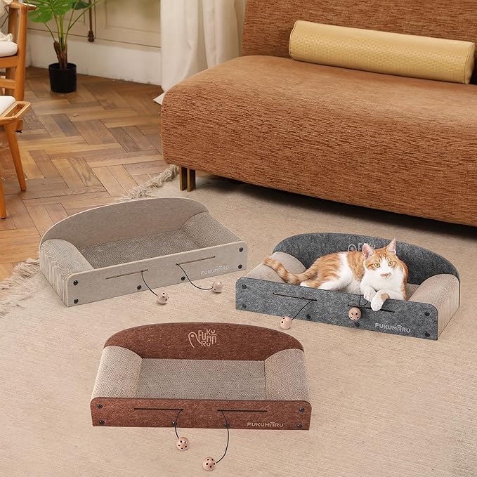 FUKUMARU 26 Inch Cat Scratcher Bed, 2 Reversible Cardboard Cat Scratch Pads Refill for Indoor Cats, Durable Large Cats Scratching Bed Sofa Couch Lounger with Fun Toys, Furniture Protector, Grey
