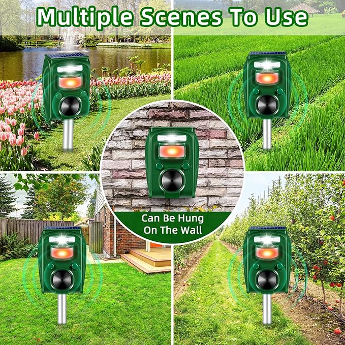 2026 Upgraded Solar Ultrasonic Animal Repellent Outdoor,Cat Squirrel Rabbit Dog Raccoon Rodent Deterrent Deer Repellent Devices,Waterproof Repeller with Motion Detection Flash Light for Yard,2 Pack