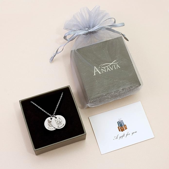 Anavia Personalized Pet Portrait Necklace, Handmade Memorial Jewelry Gift, Custom Round Disc Photo Engraved Necklace for Animal Lovers, Dog Mom, Dog Dad