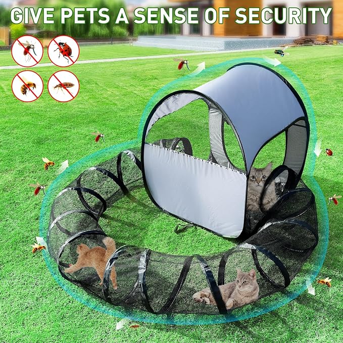 Outdoor Cat Playpen with Tunnel - Escape-Proof, Breathable & High-Visibility Mesh, Foldable Pet Playpen for Backyard, Camping, Travel