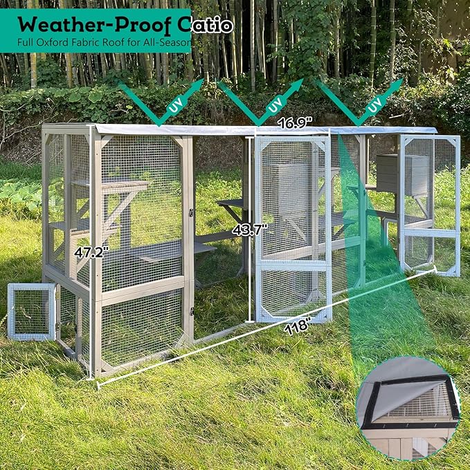 118" Large Catio Outdoor Cat Enclosure, Weatherproof Cat Patio Enclosures for Multiple Cats, Outside Kitty Cage Catio Window Access with 8 Jumping Platforms & 2 Resting Rooms