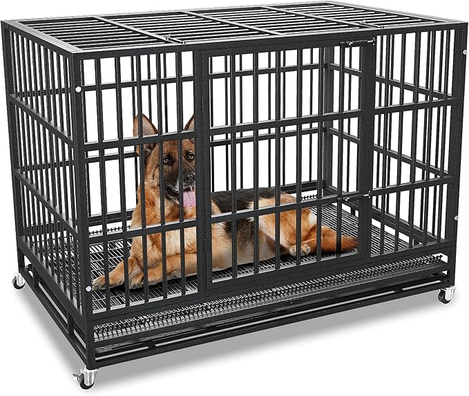 42 Inch Heavy Duty Dog Crate Cage with Wheels, Indestructible and Escape Proof Steel Kennel Indoor for High Anxiety Dogs with Sturdy Locks, Double Door and Tray, Extra Large XL XXL