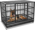 42 Inch Heavy Duty Dog Crate Cage with Wheels, Indestructible and Escape Proof Steel Kennel Indoor for High Anxiety Dogs with Sturdy Locks, Double Door and Tray, Extra Large XL XXL