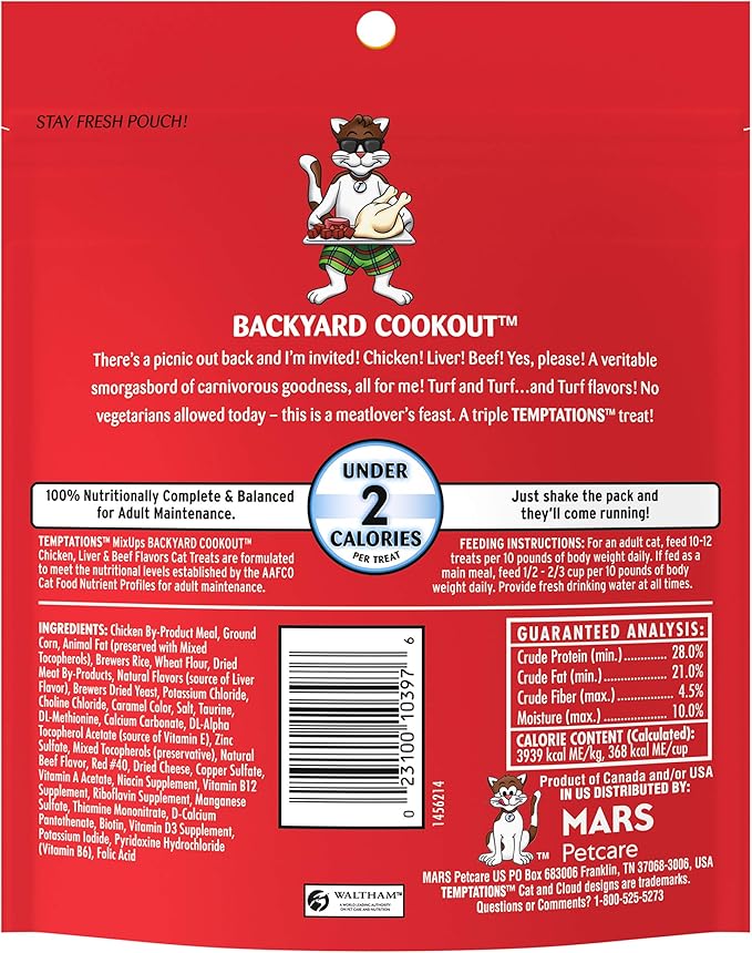 Temptations Cat Treats MixUps Backyard Cookout Flavor Crunchy, Soft Cat Treats, 6.3 oz. Pouch (Pack of 10)