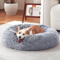 Donut Dog Bed Medium Size Dog 36 Inch, Round Cat Beds for Small Medium Dogs and Cats with Washable Fluffy Faux Fur, Cute Comfort Pet Bed with Anti-Slip Bottom, Grey