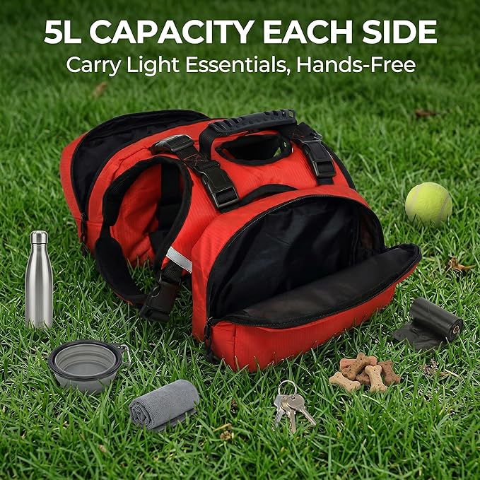 Dog Backpack for Day Hiking, Lightweight 2-in-1 Detachable Saddle Bag with Breathable Harness Vest, No-Flop Dog Daypack for Medium & Large Dogs to Carry Essentials (Medium)