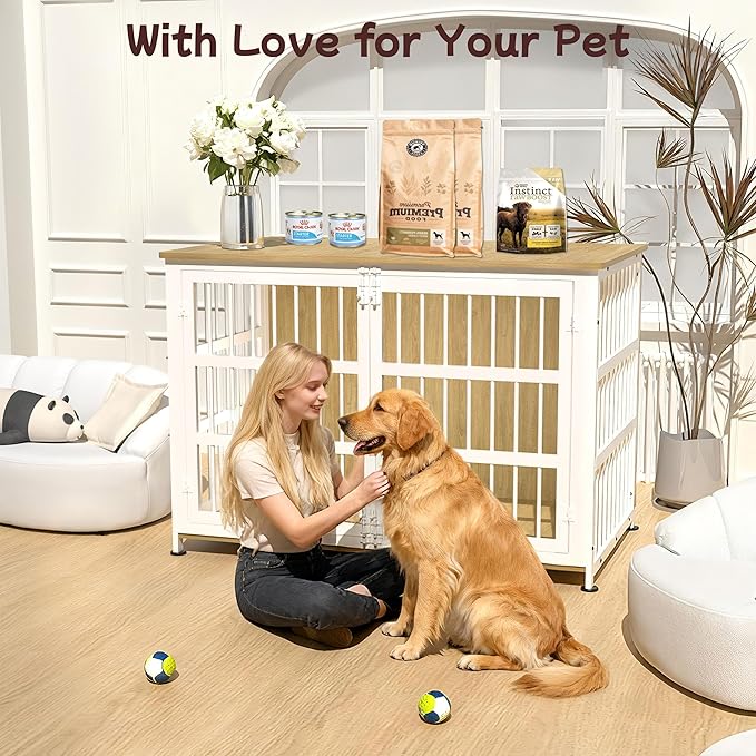 46'' Dog Crate Furniture Large Breed Dog Crate Dog Kennels for Inside Wooden Dog Crates End Table Heavy Duty Indoor Combination Cage for Medium to Large Dogs Oak