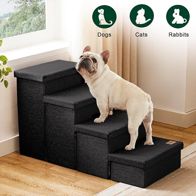 Love's cabin Dog Stairs for Small Medium or Large Dogs with Storage and Adjustable Steps, Foldable Cat Steps for Bed or Couch, 4-Step Black Folding Ramp with Zip up to 200 lbs, Black