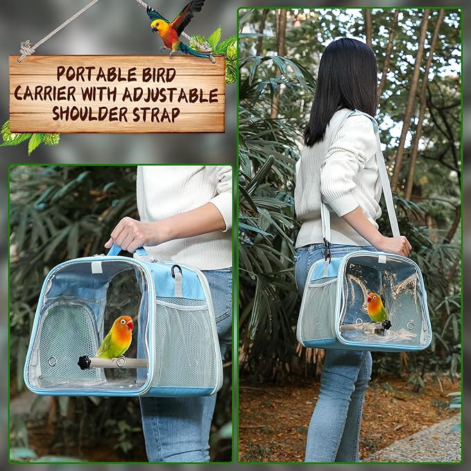 Suertree Small Bird Carrier, Large Window Travel Cage with Stand and Easy Clean Tray for Parrot Parakeet Cockatiels, Lightweight and Portable, Blue