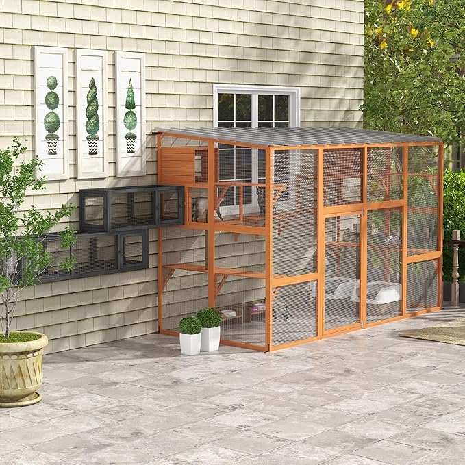 PawHut Catio, Outdoor Cat Enclosure Window Box, Wooden Cat House Playground with Scratching Posts, Weather Protection Roof for 1-5 Kitties, Resting Boxes, 118" x 55" x 75.5", Orange