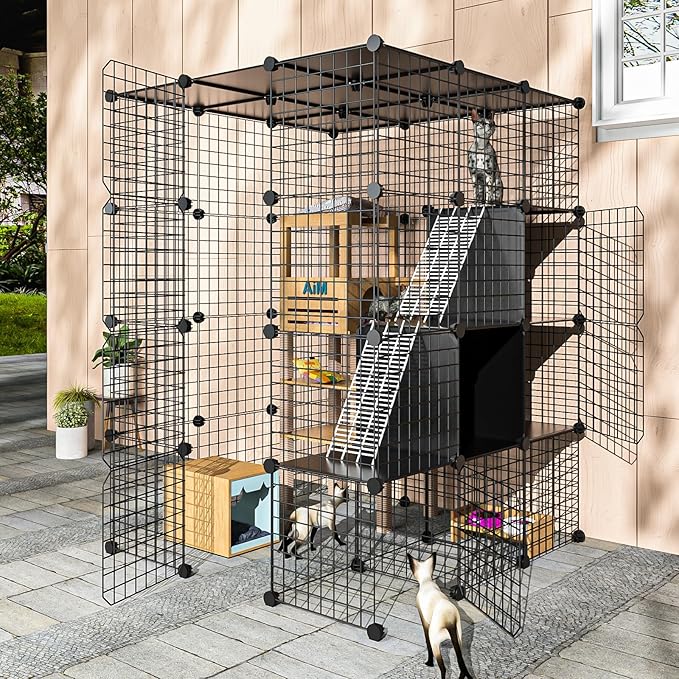 Large Cat Cage Indoor - Metal Wire Cat Enclosure with Storage Cube, Detachable Kitty Cage with Platform for 1-3 Cats, 3x3x4 Spacious Cat Kennel