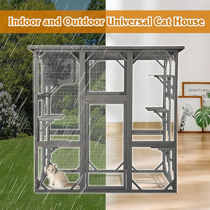 Grepatio Cat Enclosure Large Outdoor Catio Wooden Cat House with Weatherproof, Cat Cage Condo Indoor Playpen with Platform and Small House (Grey)
