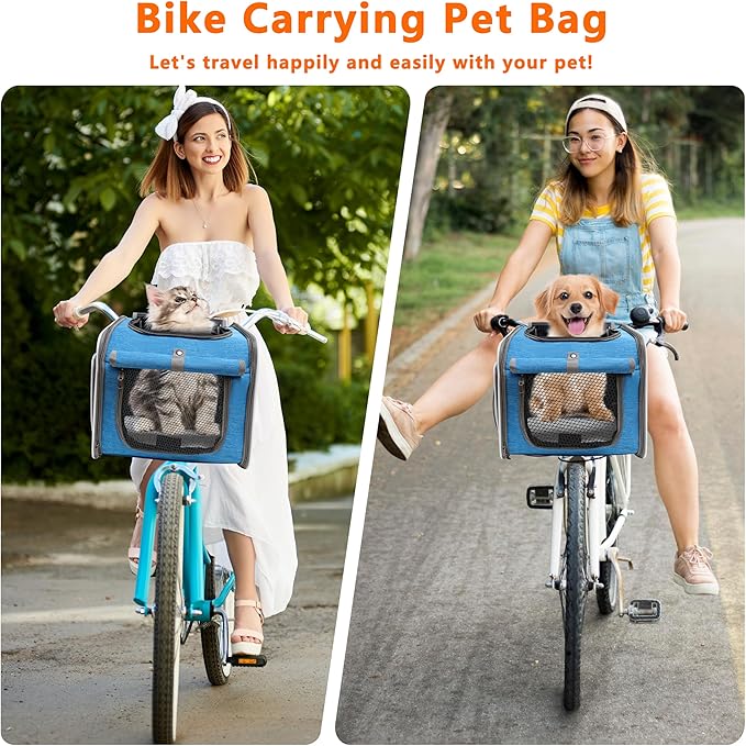 Dog Bike Basket, Expandable Soft Edge Pet Carrier Backpack, Foldable Dog Bicycle Carriers with 4 Mesh Windows, for Medium Cats&Dogs, Suitable for Cross Shaped, Shoulder and Car Seats (Blue)